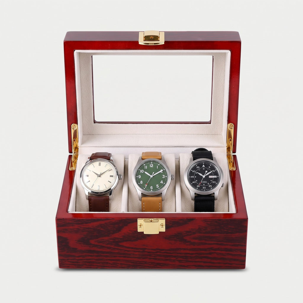 Coffret Écrin trois montres, bois laqué rouge, trois montres en place