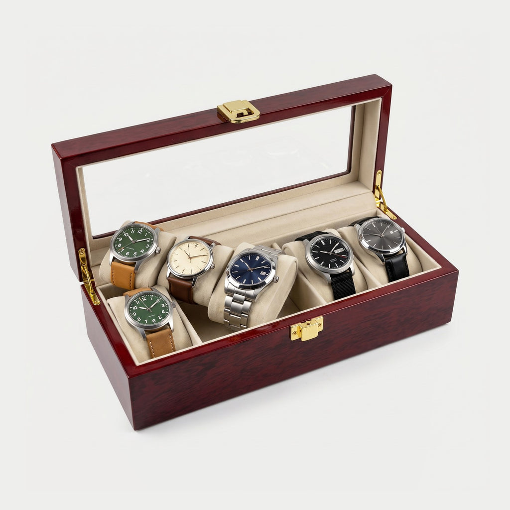 Coffret Écrin cinq montres, bois laqué rouge, cinq montres en place