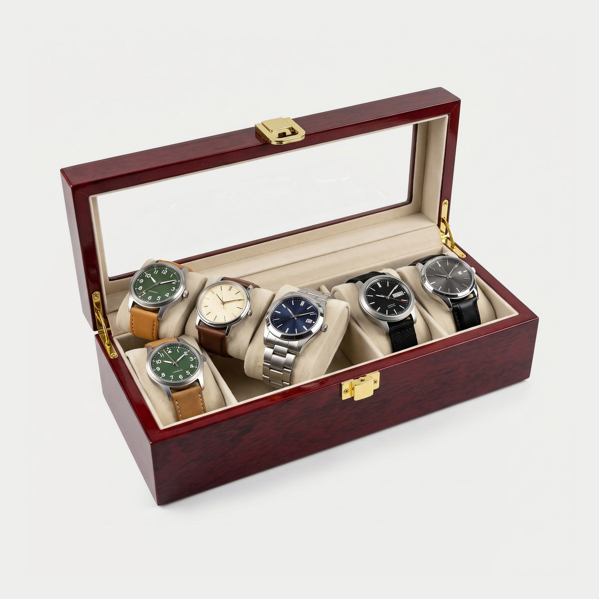 Coffret Écrin cinq montres, bois laqué rouge, cinq montres en place