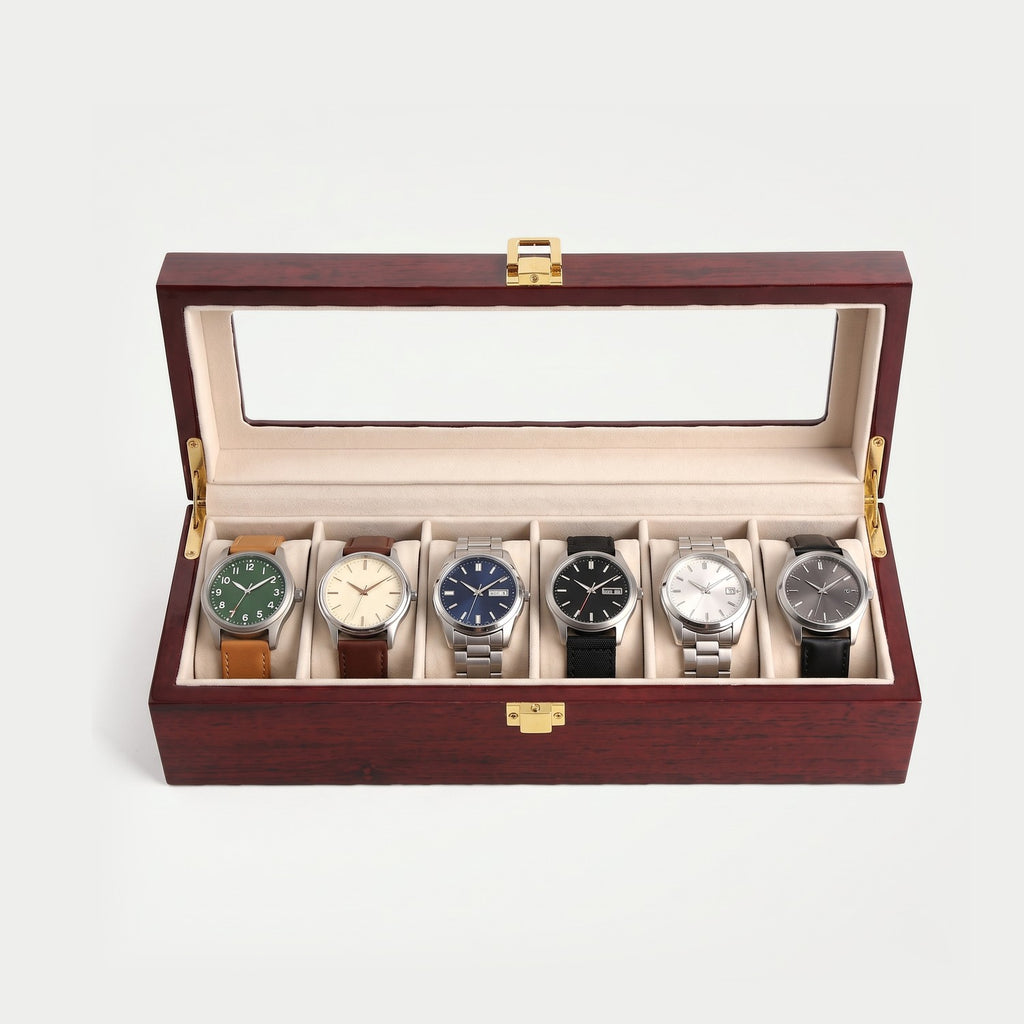 Coffret Écrin six montres, bois laqué rouge, six montres en place