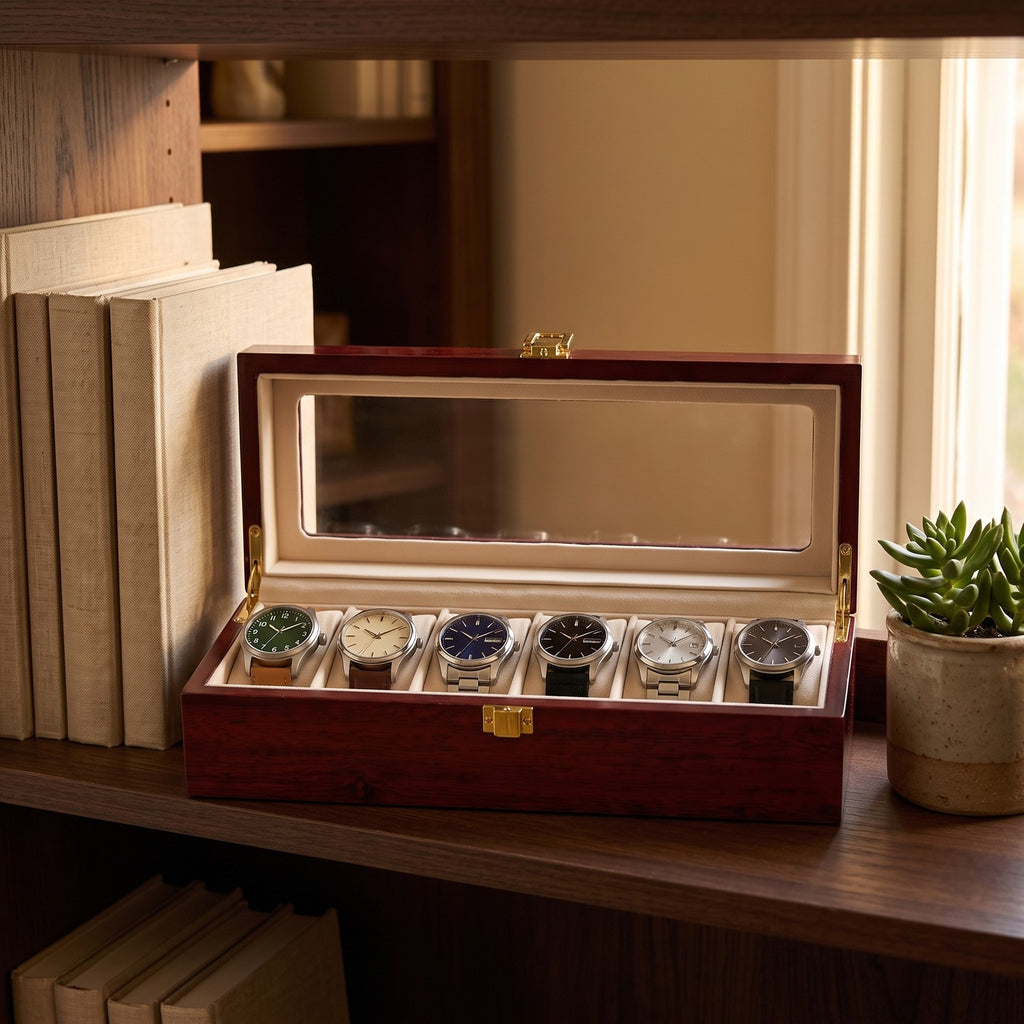 Coffret Écrin six montres, posé sur une étagère de bibliothèque