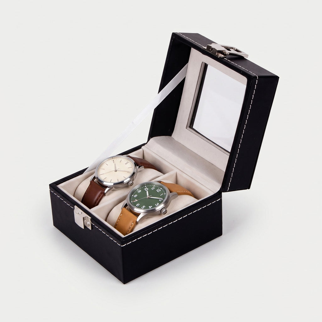 Coffret Vitrine deux montres, similicuir noir, deux montres en place