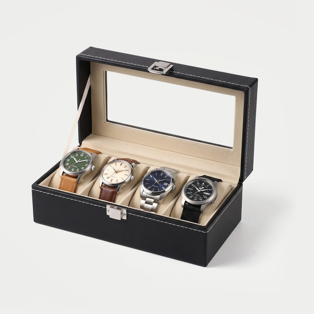 Coffret Vitrine quatre montres, similicuir noir, quatre montres en place