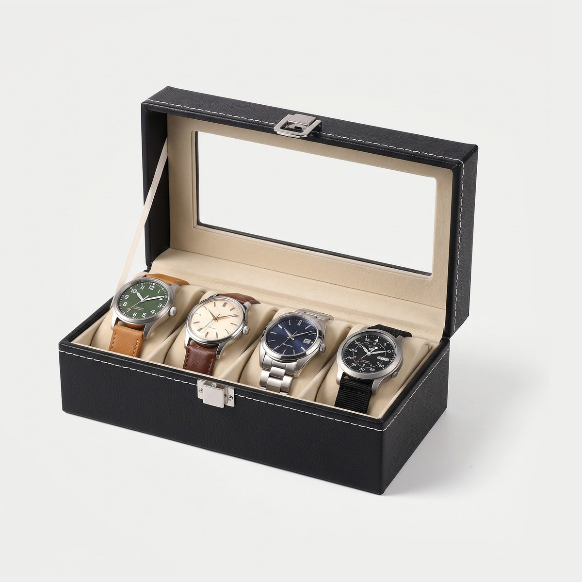 Coffret Vitrine quatre montres, similicuir noir, quatre montres en place