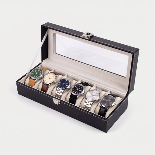 Coffret Vitrine six montres, similicuir noir, six montres en place