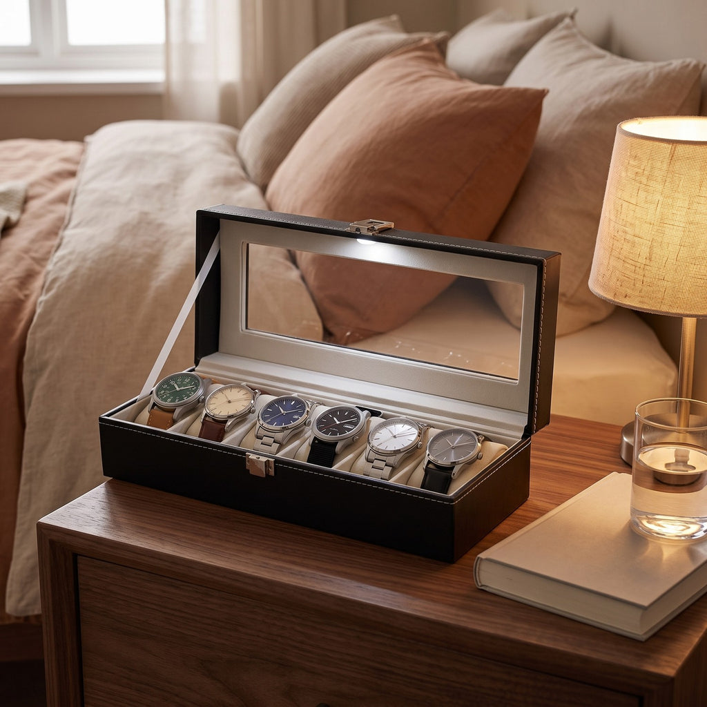 Coffret Vitrine six montres, posé sur une table de chevet