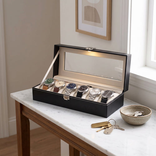 Coffret Vitrine six montres, posé sur une console d'entrée