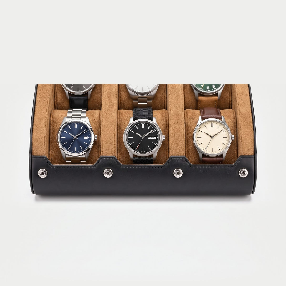 Étui Escapade six montres, façon cuir noir, intérieur suédine camel, six montres en place sur deux rangées