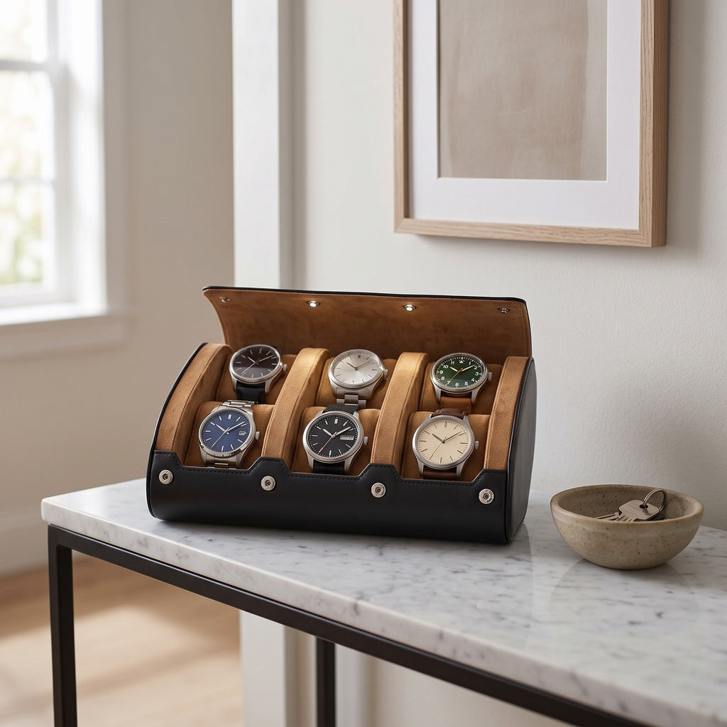 Étui Escapade six montres, posé sur une console d'entrée