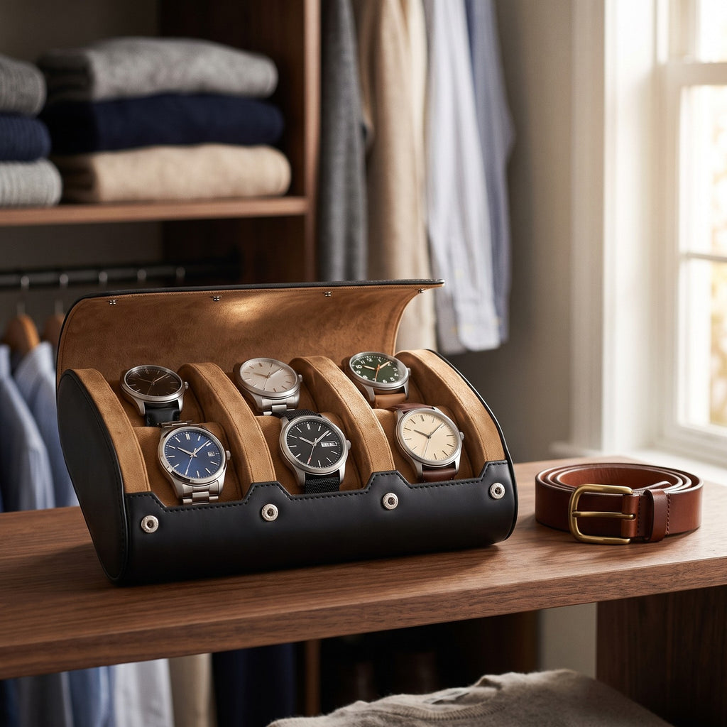 Étui Escapade six montres, posé sur une étagère de dressing, le matin