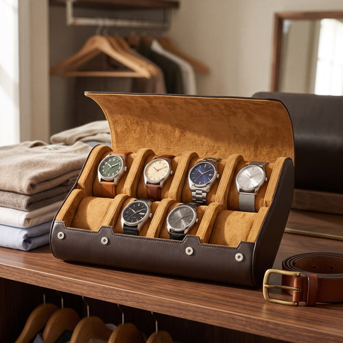 Étui Escapade six montres, posé sur une étagère de dressing, le matin