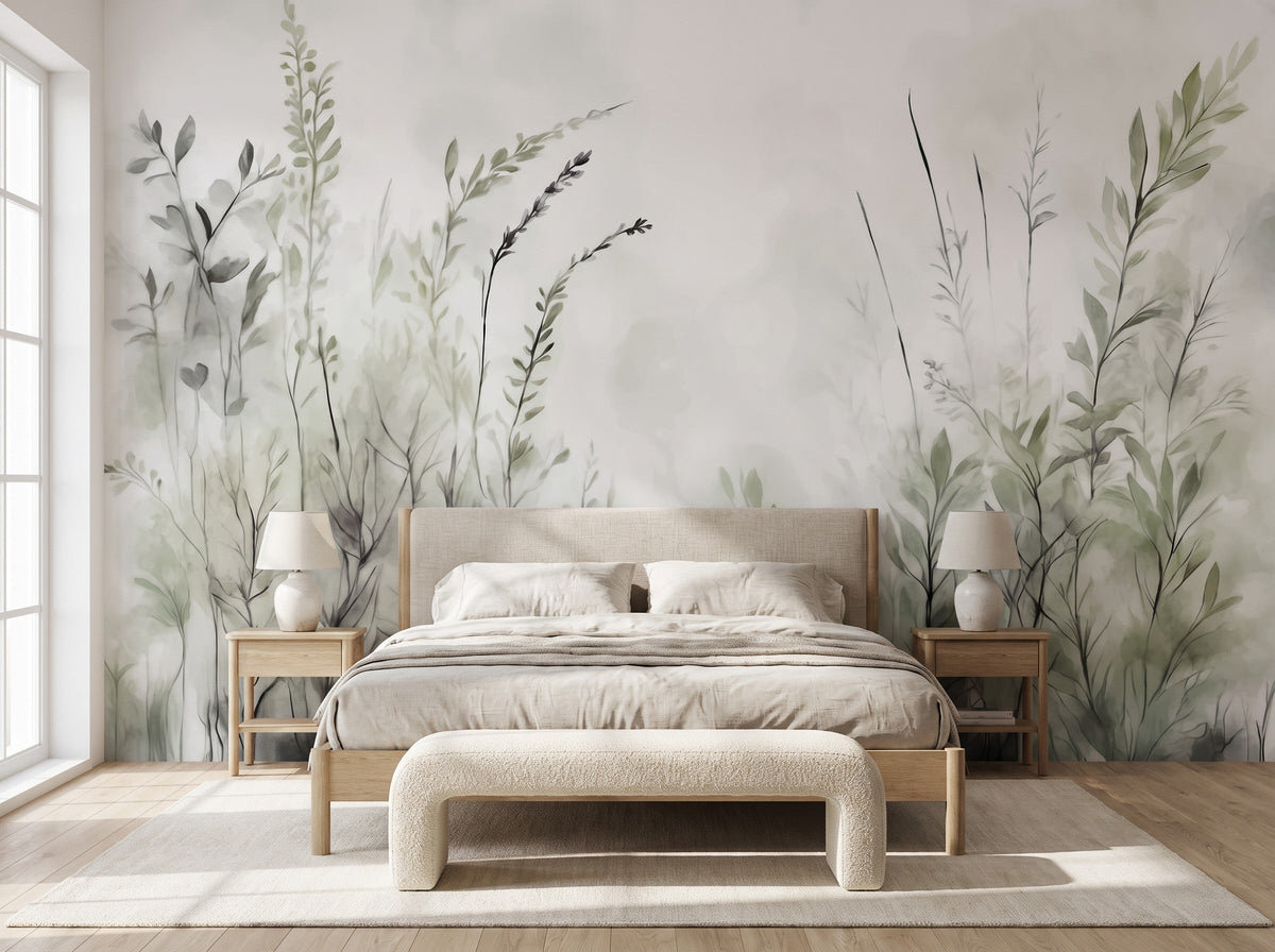 Papier peint panoramique Herbes folles vert sauge posé dans une chambre lumineuse