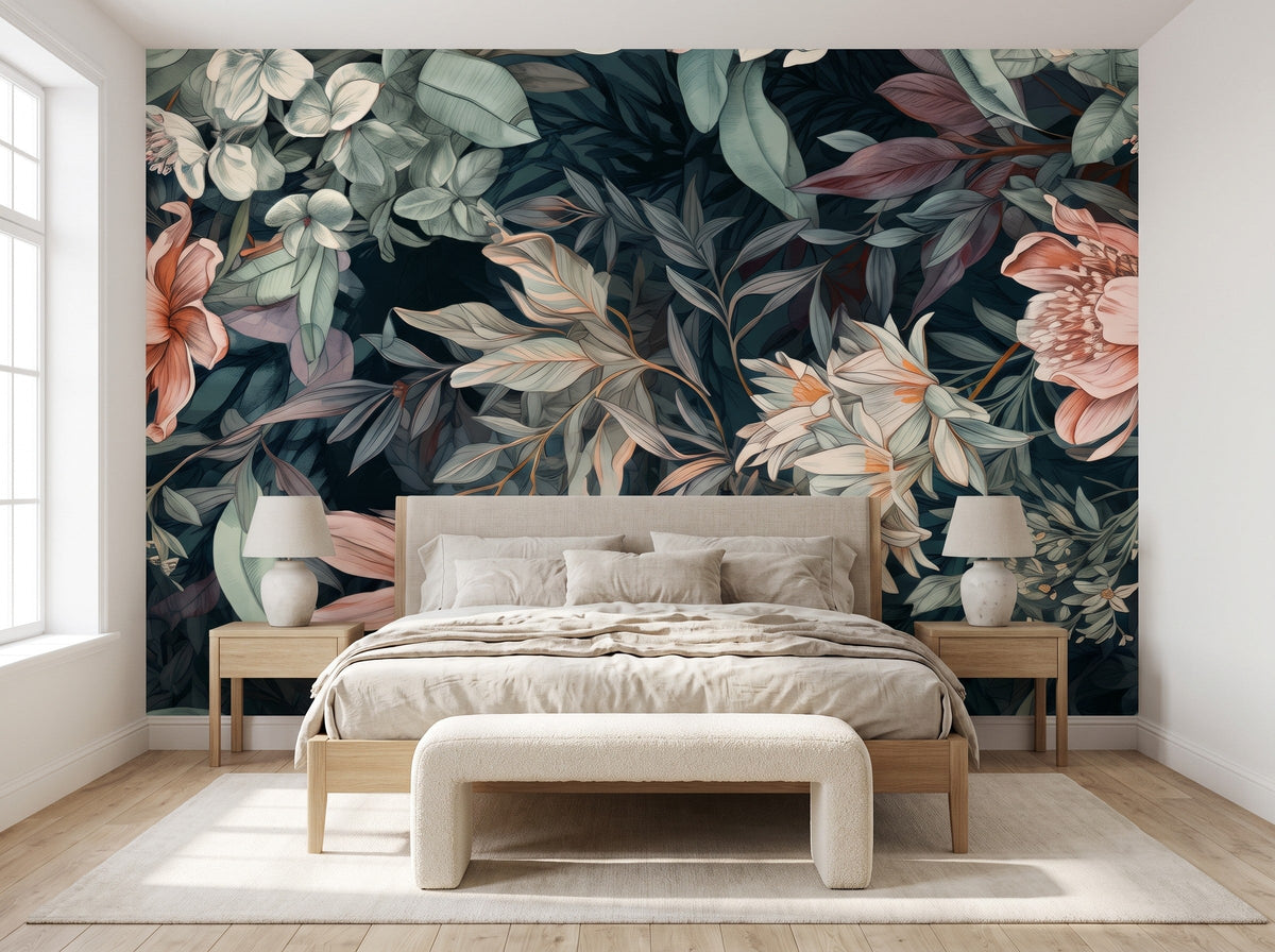 Papier peint panoramique Roses anciennes fond nuit posé dans une chambre lumineuse