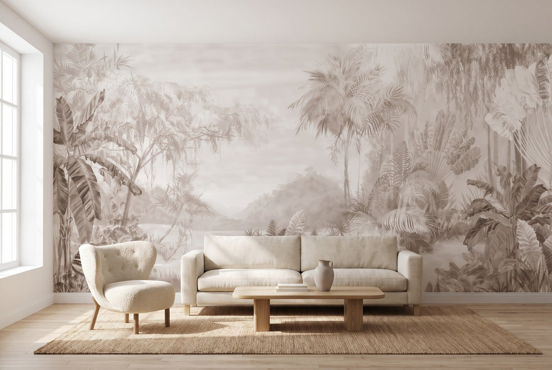 Papier peint panoramique Jungle vintage sépia posé dans un salon lumineux