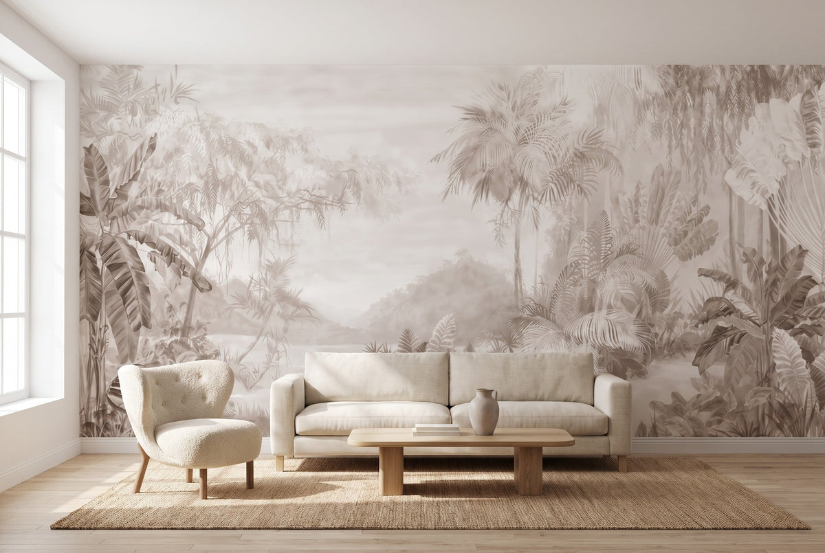 Papier peint panoramique Jungle vintage sépia posé dans un salon lumineux