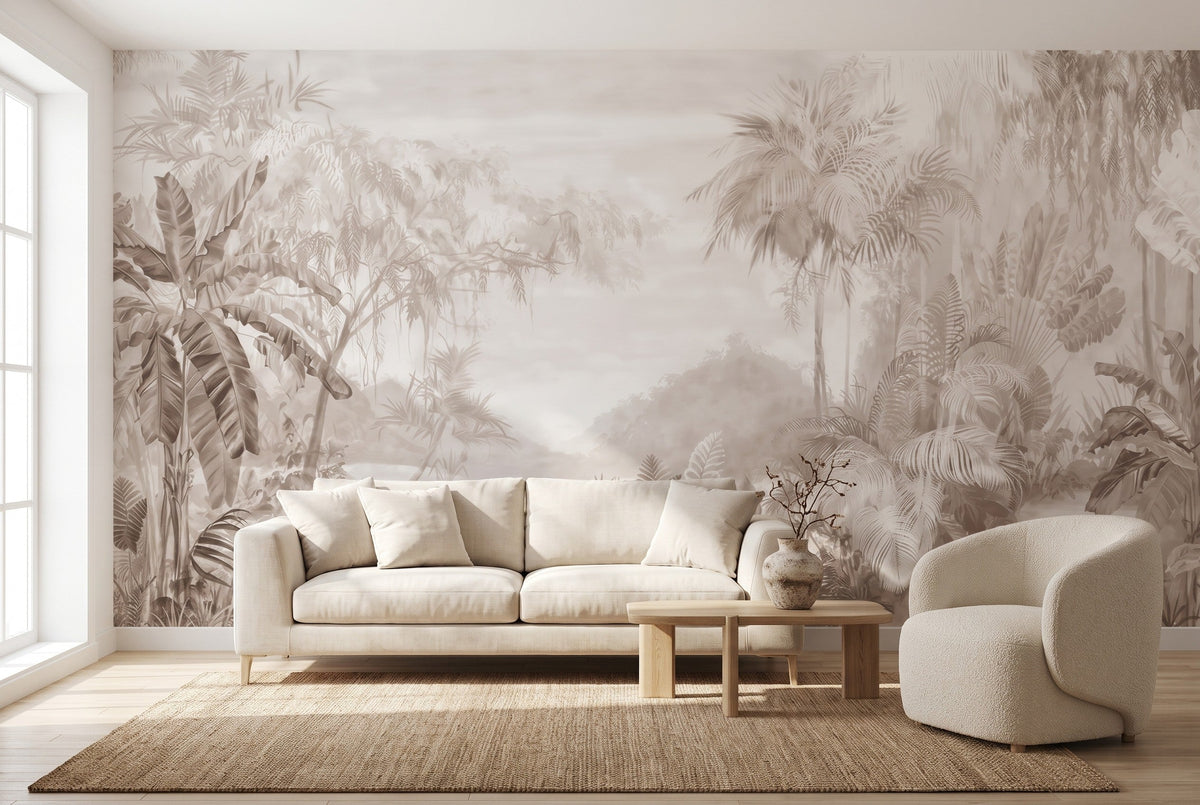 Papier peint panoramique Jungle vintage sépia posé dans un salon lumineux, canapé en lin et fauteuil bouclette