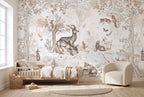 Papier peint panoramique Animaux de la forêt aquarelle posé dans une chambre d'enfant lumineuse