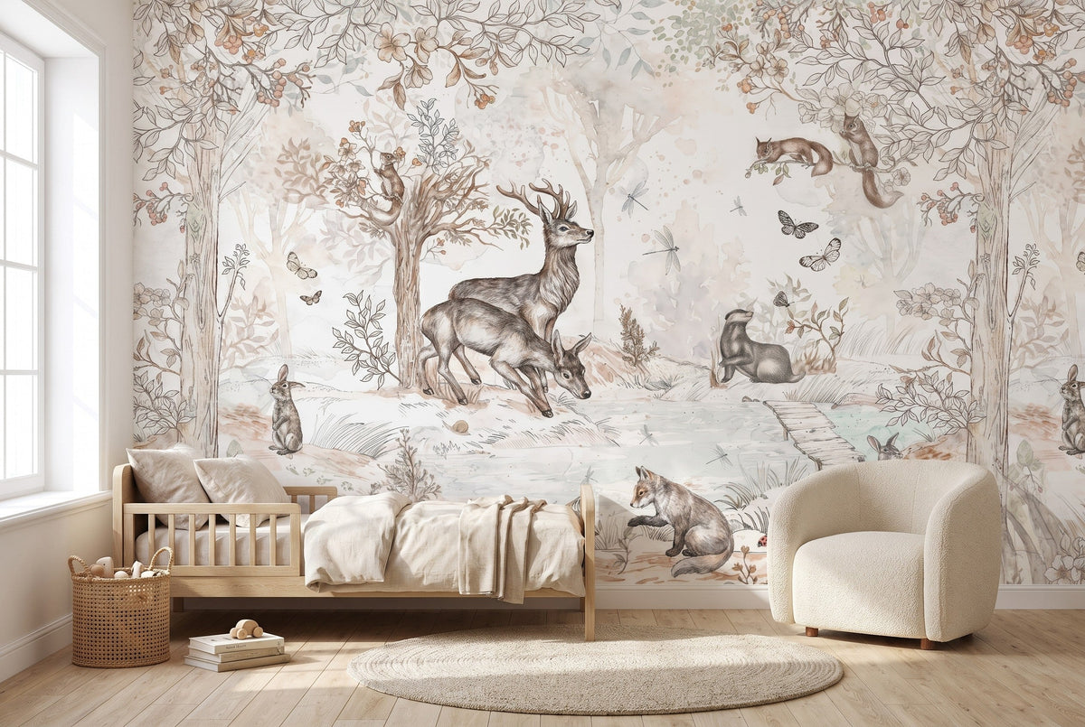 Papier peint panoramique Animaux de la forêt aquarelle posé dans une chambre d'enfant lumineuse