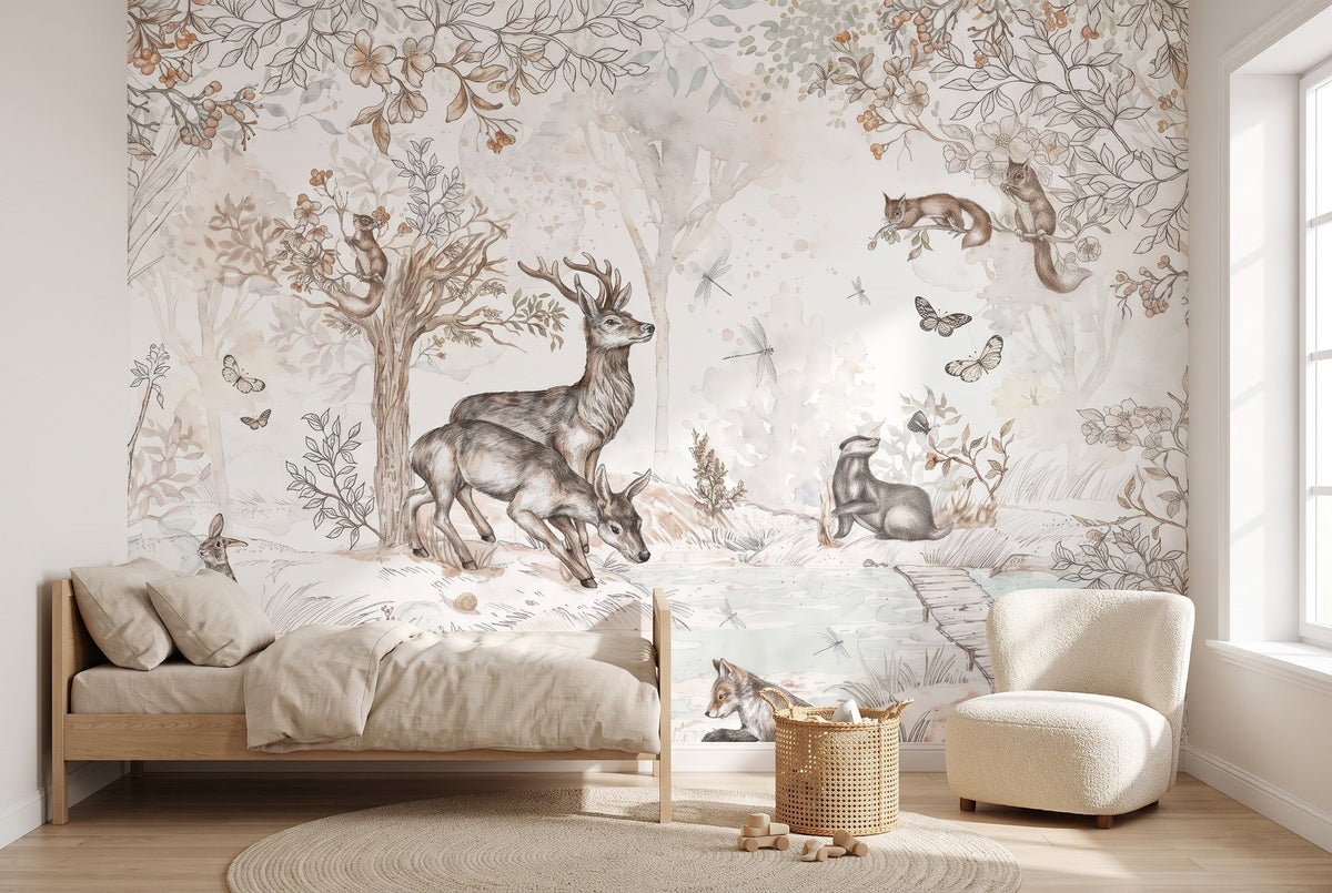 Papier peint panoramique Animaux de la forêt aquarelle posé dans une chambre d'enfant lumineuse, lit en chêne clair et fauteuil bouclette
