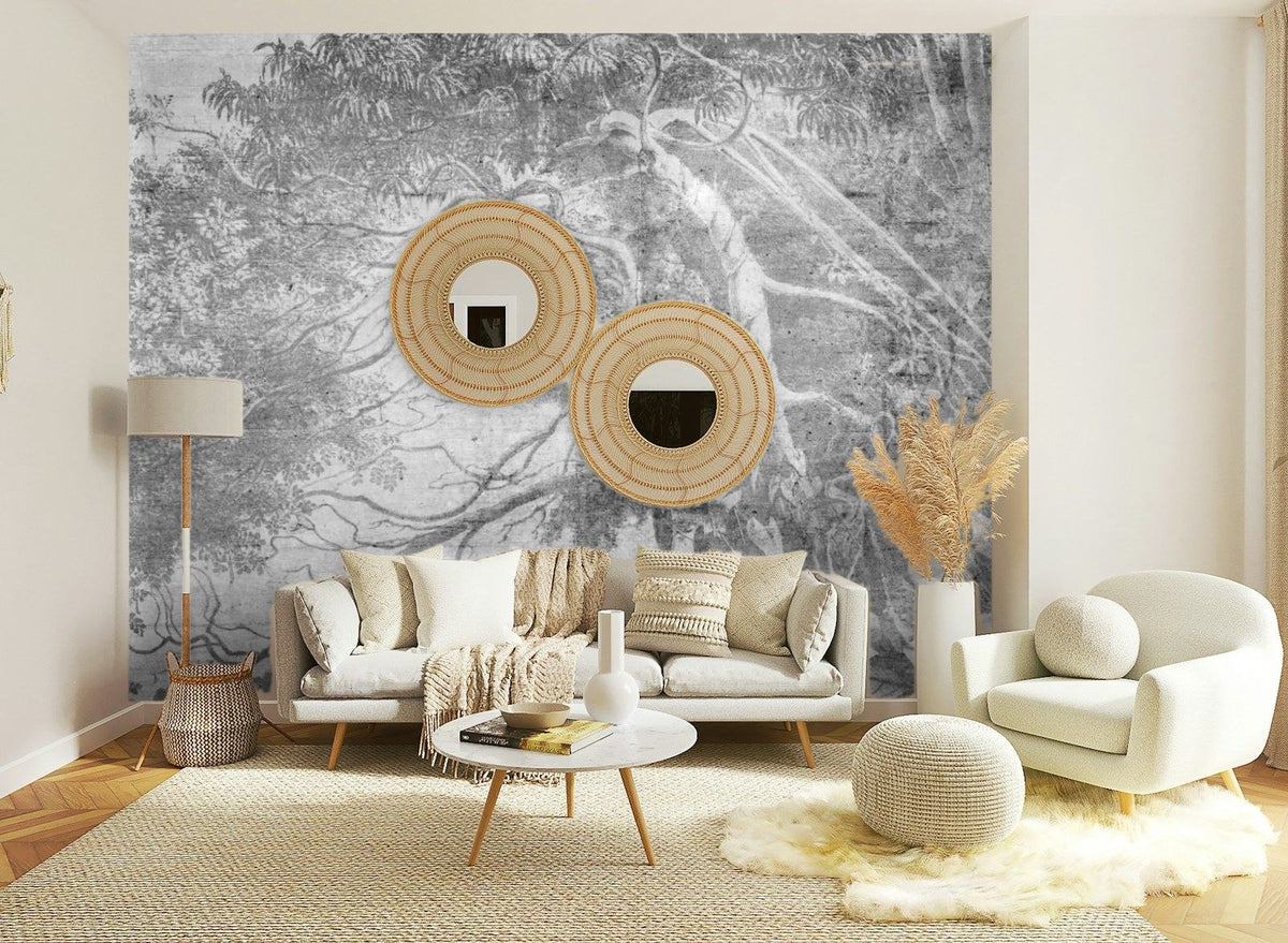 Papier peint panoramique Arbre penché sur l'eau, gravure grise posé sur le mur d’un salon clair