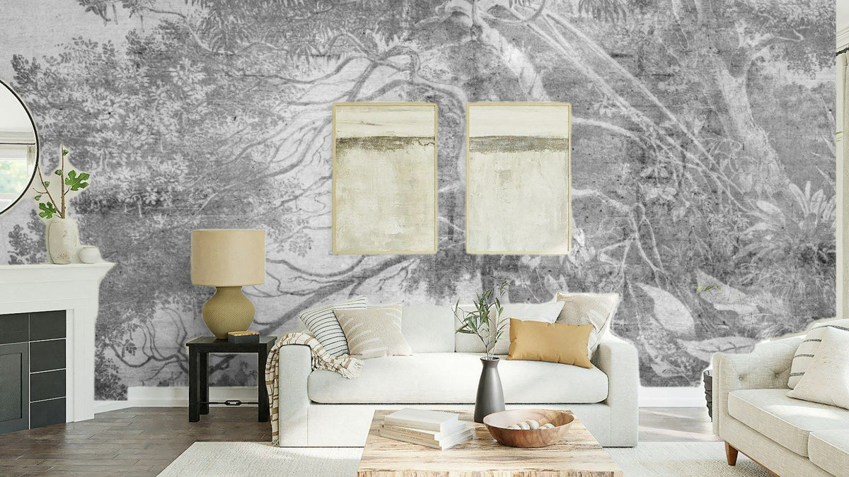 Papier peint panoramique Arbre penché sur l'eau, gravure grise posé au-dessus du canapé d’un séjour