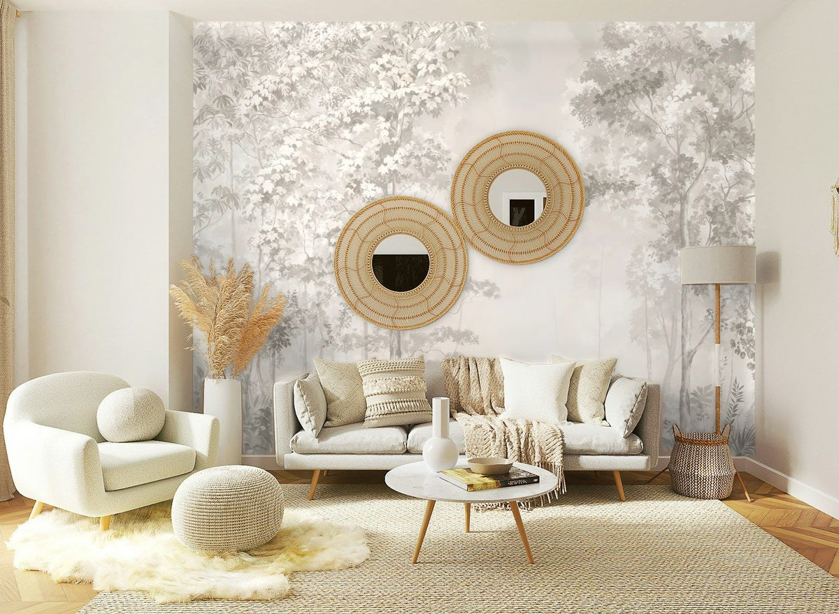 Papier peint panoramique Bosquets fleuris dans la brume crème posé sur le mur d’un salon