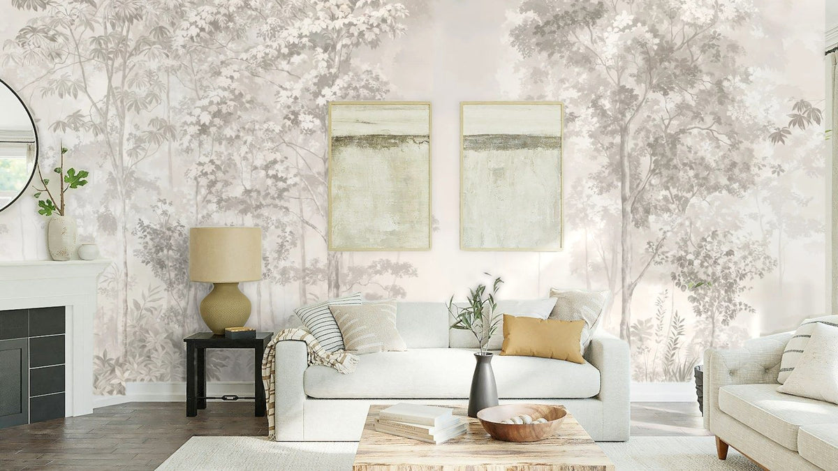 Papier peint panoramique Bosquets fleuris dans la brume crème posé au-dessus du canapé d’un séjour