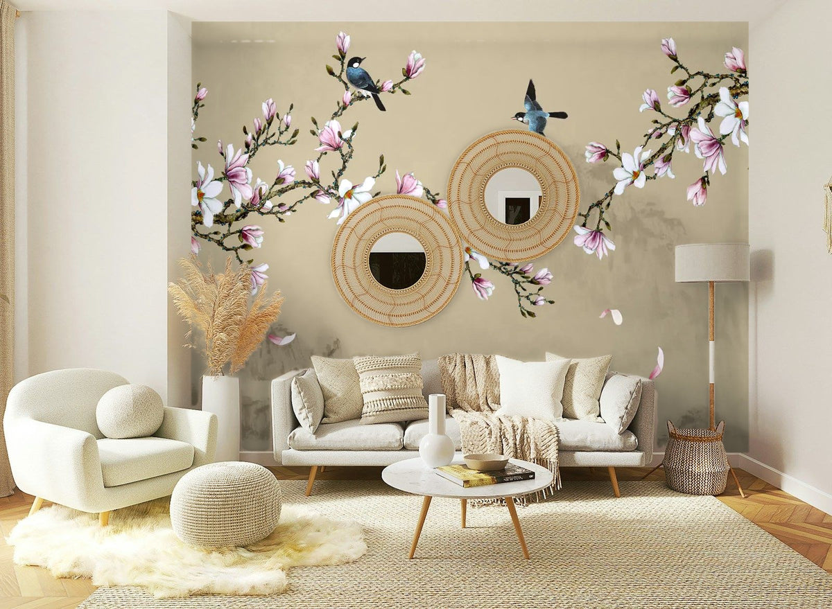 Papier peint panoramique Chinoiserie magnolias fond kaki posé sur le mur d’un salon
