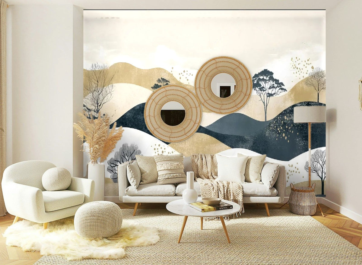 Papier peint panoramique Collines encre et sable posé sur le mur d’un salon