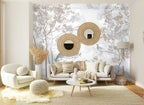 Papier peint panoramique Faisans dans les arbres bleu brume posé sur le mur d’un salon