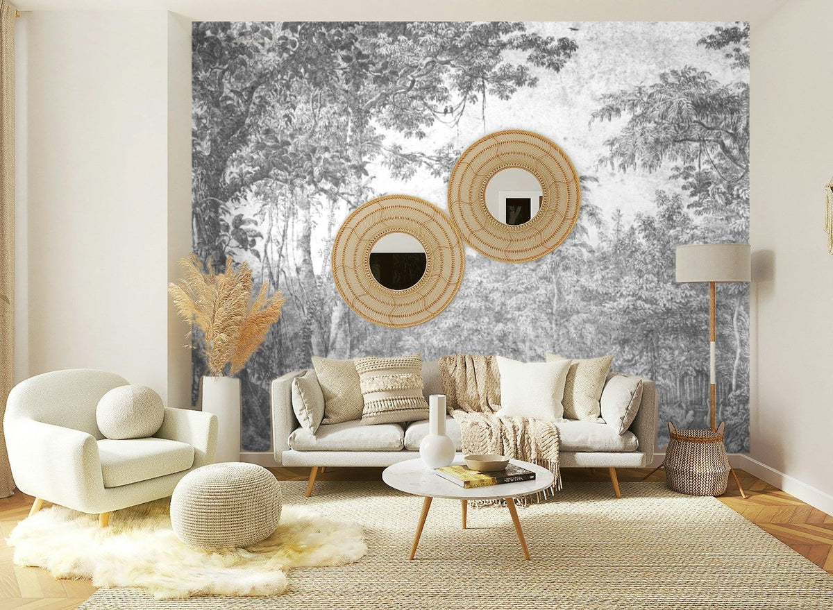 Papier peint panoramique Forêt ancienne à l'encre grise posé sur le mur d’un salon