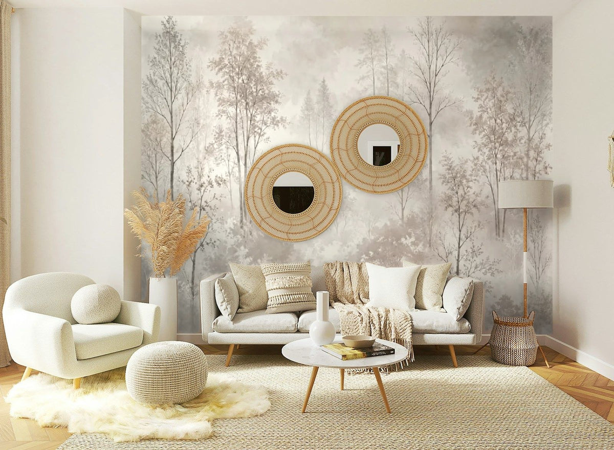 Papier peint panoramique Forêt aquarelle lin dans la brume posé sur le mur d’un salon