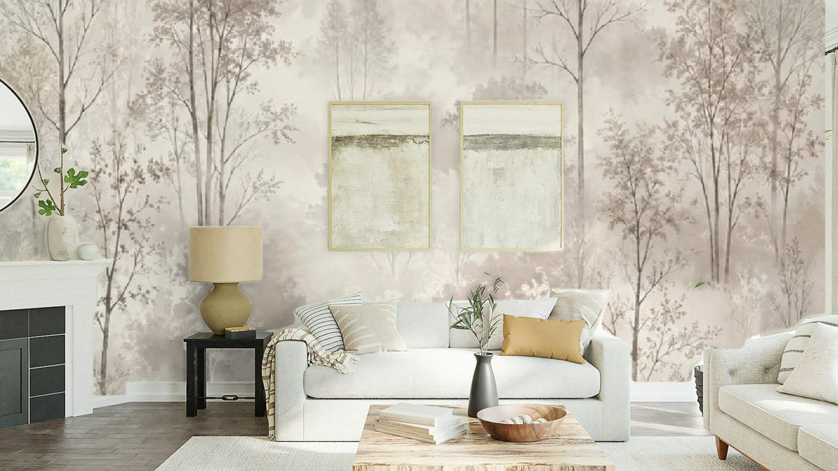 Papier peint panoramique Forêt aquarelle lin dans la brume posé au-dessus du canapé d’un séjour