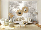 Papier peint panoramique Forêt dans la brume gris lin posé sur le mur d’un salon