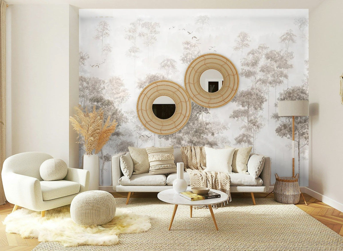 Papier peint panoramique Futaie aquarelle taupe aux oiseaux posé sur le mur d’un salon