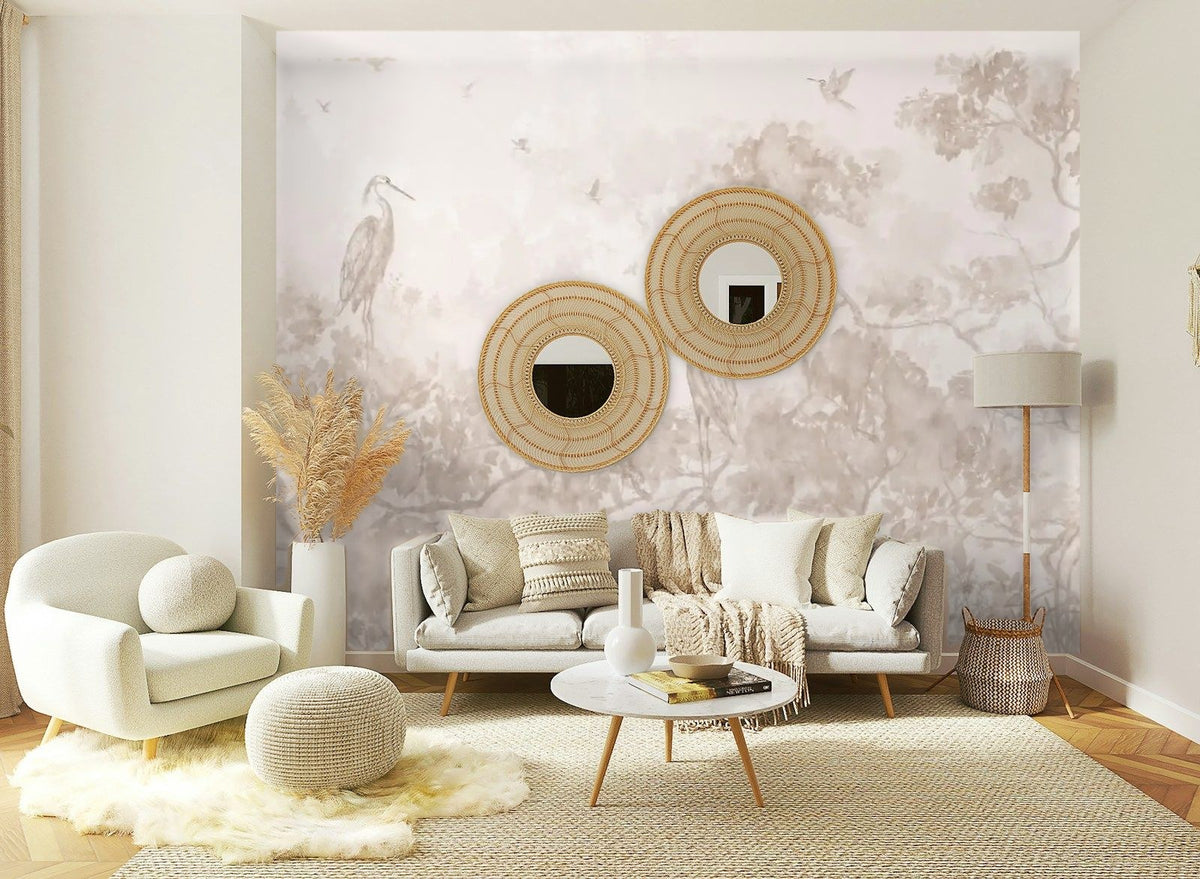 Papier peint panoramique Hérons dans les arbres fleuris lin posé sur le mur d’un salon