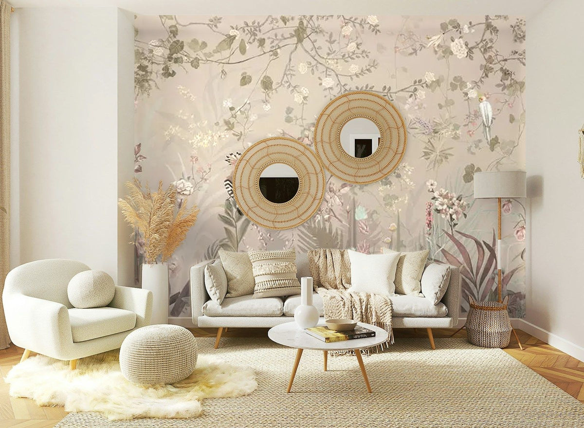 Papier peint panoramique Jardin sauvage à la huppe taupe posé sur le mur d’un salon