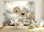Papier peint panoramique Jungle dans la brume vert sauge posé sur le mur d’un salon clair