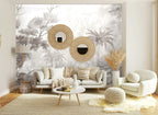 Papier peint panoramique Jungle gravée sépia autour de l'étang posé sur le mur d’un salon clair