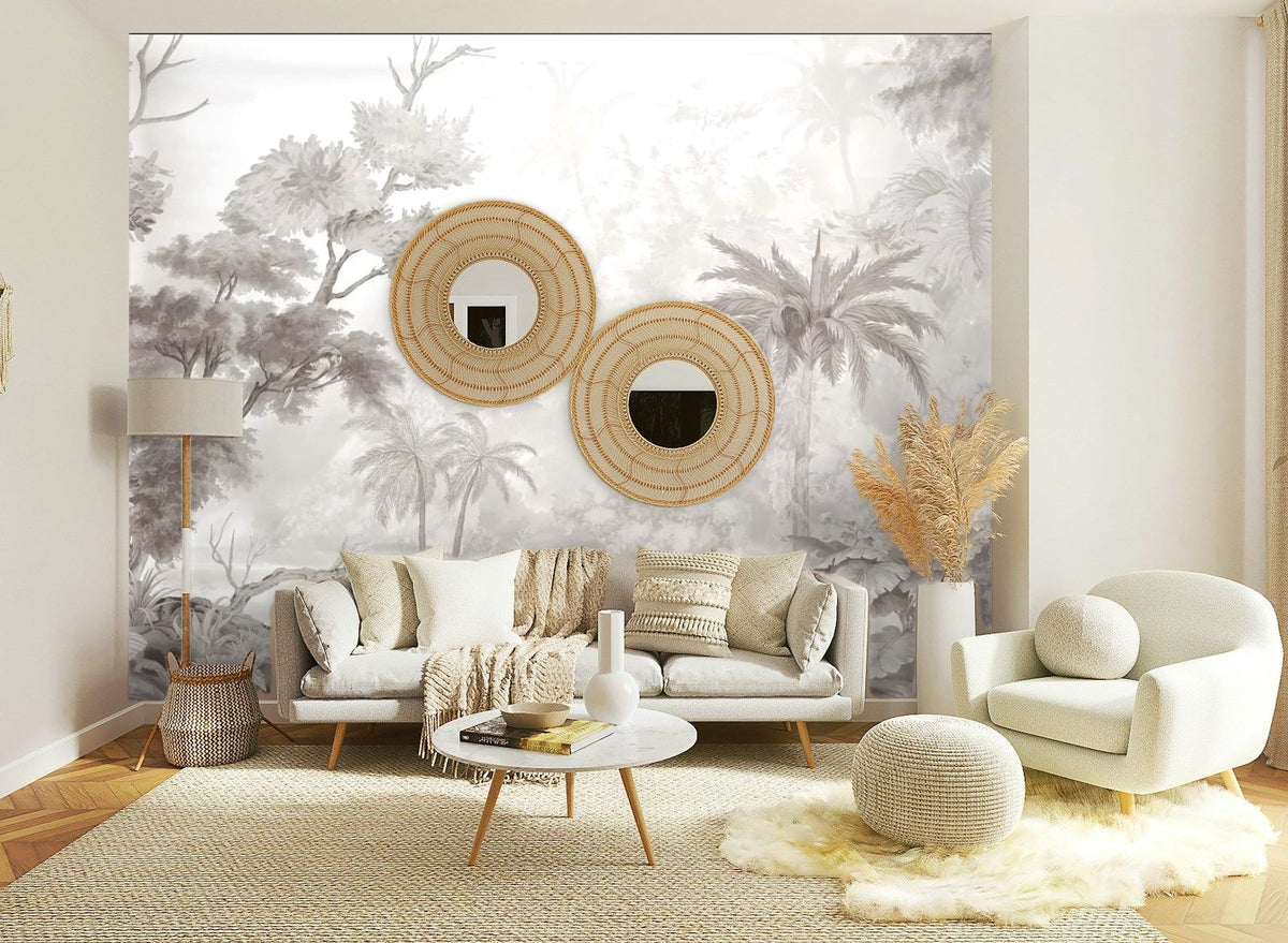 Papier peint panoramique Jungle gravée sépia autour de l'étang posé sur le mur d’un salon clair