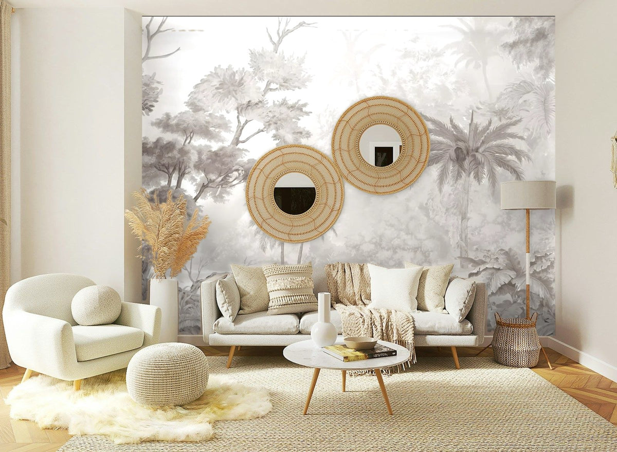 Papier peint panoramique Jungle gravée sépia autour de l'étang posé sur le mur d’un salon