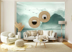 Papier peint panoramique Lac de montagne vert d'eau aux oiseaux posé sur le mur d’un salon