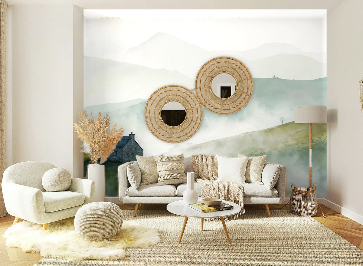 Papier peint panoramique Maison sur la colline dans la brume posé sur le mur d’un salon