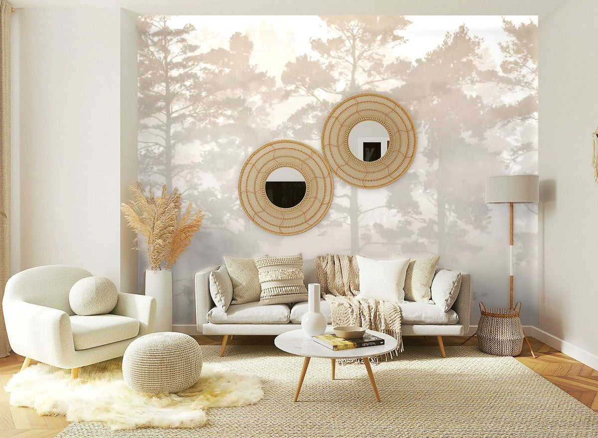 Papier peint panoramique Pins dans la brume sable posé sur le mur d’un salon