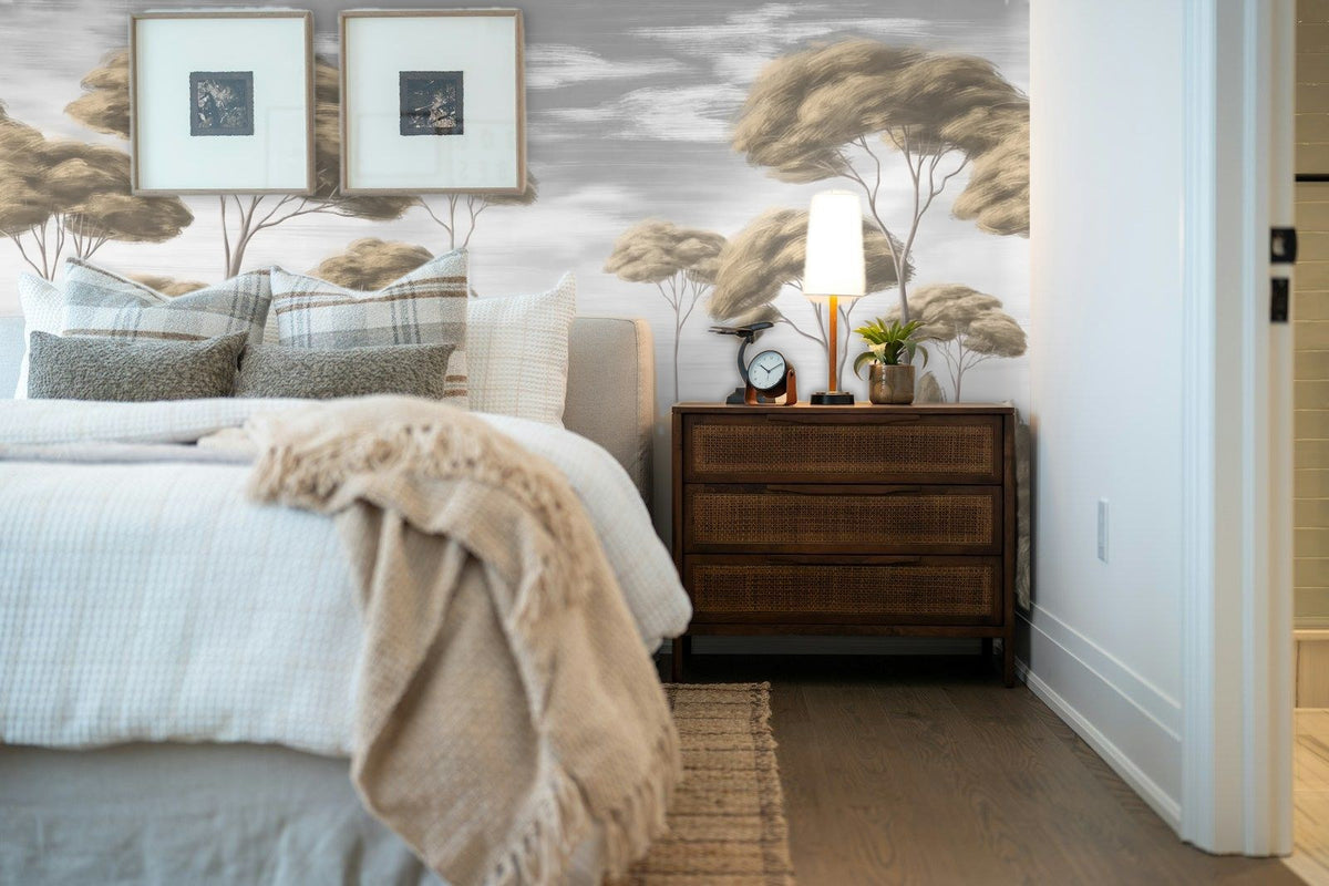 Papier peint panoramique Pins parasols peints sépia posé derrière la tête de lit d’une chambre