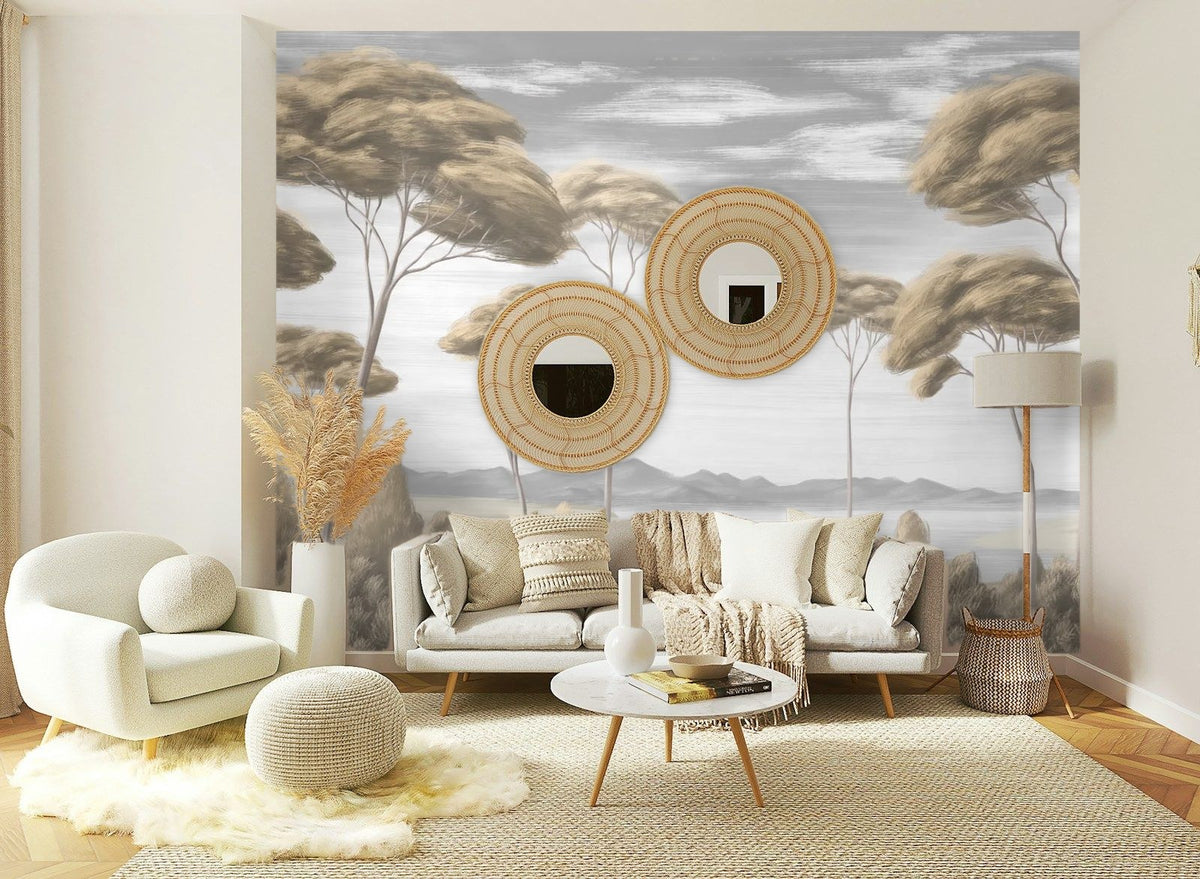 Papier peint panoramique Pins parasols peints sépia posé sur le mur d’un salon