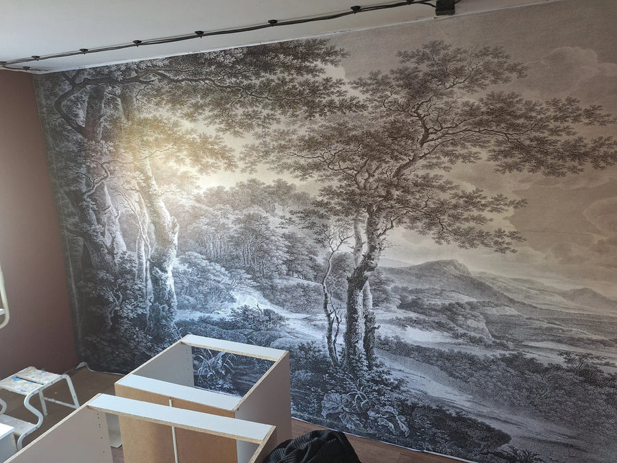 Papier peint Forêt ancienne noir et blanc posé chez un client de notre atelier