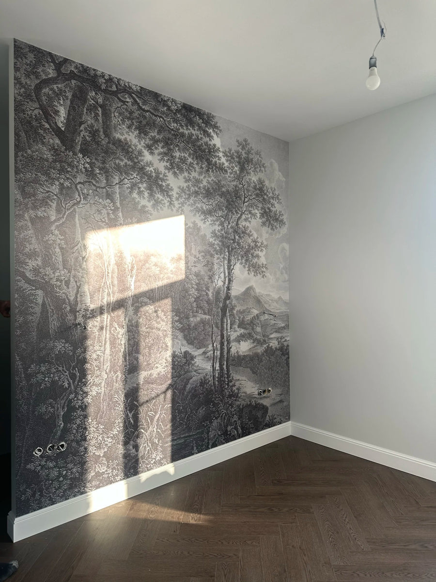 Papier peint Forêt ancienne noir et blanc posé chez un client de notre atelier
