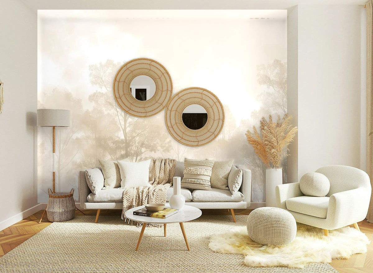 Papier peint panoramique Rangée d'arbres dans la brume dorée posé sur le mur d’un salon clair