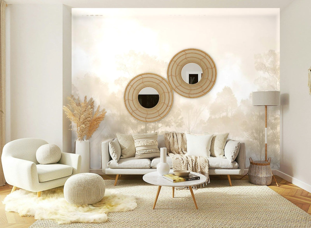 Papier peint panoramique Rangée d'arbres dans la brume dorée posé sur le mur d’un salon